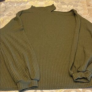Olive Green Textured Sweater with Cold Shoulder